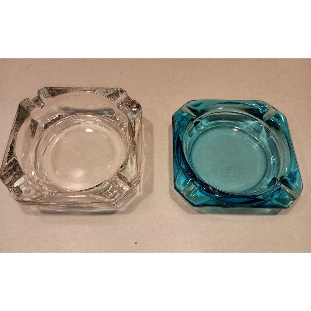 Vintage - Two Square Ashtrays - Thick Clear Glass, and Blue Colored Glass